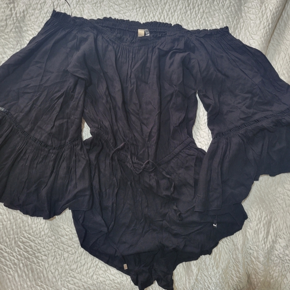 Elan Black Off Shoulder Boho Romper Bell Sleeve Festival Style S - Picture 3 of 4